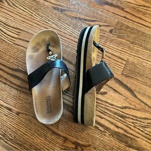 Michael Kors black patent leather with black and white platform sandals enamel